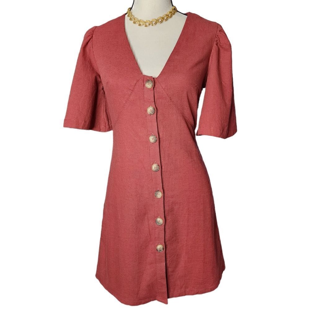 Hyped Unicorn puff bell short sleeve button down linen dress